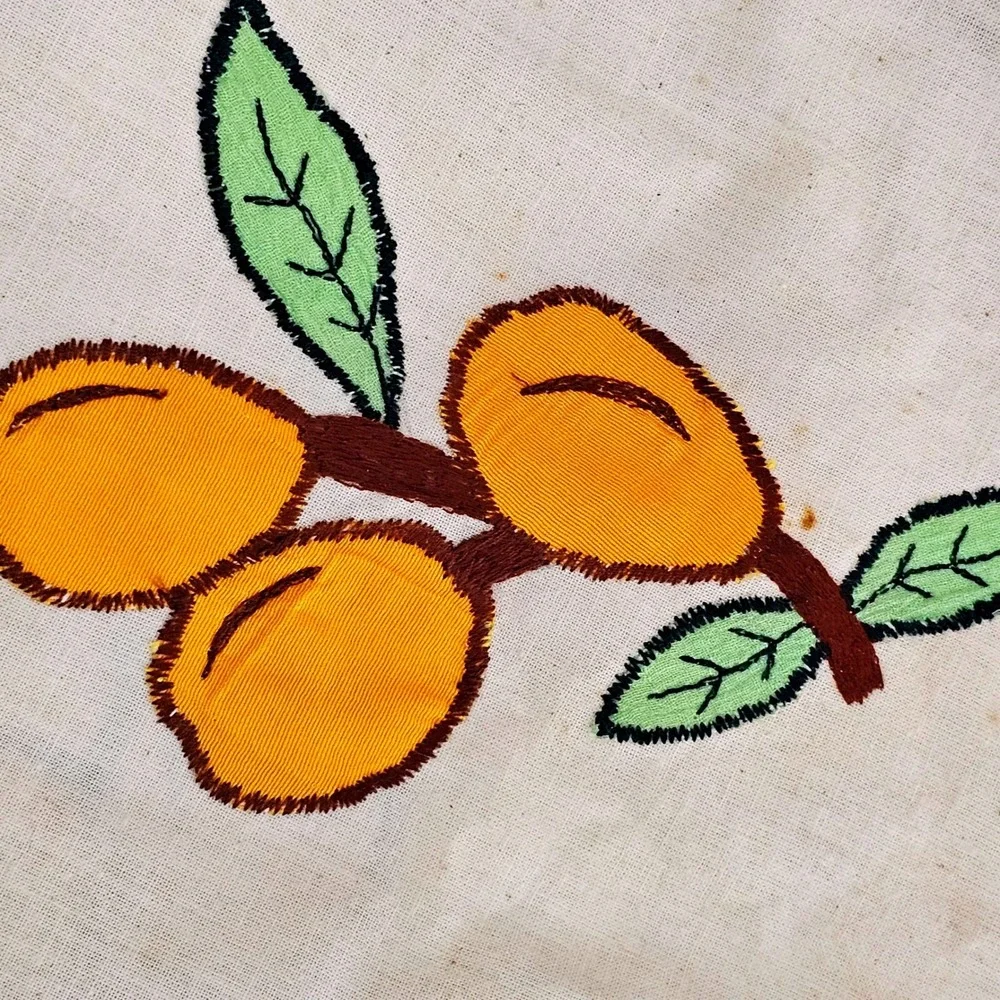 Vintage Embroidered Fruit Round Tablecloth and 6 Napkins Set Crochet Lace Trim